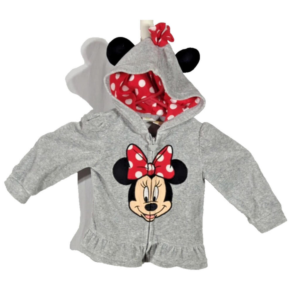 Disney Baby Girls Velour Hoodie Size 9M Minnie Mouse Graphic & Bow&Ears on Hood